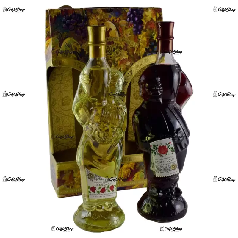 Set 2 tipuri de vin (rosu. alb) in sticle realizate in forma de doi barbati – design traditional