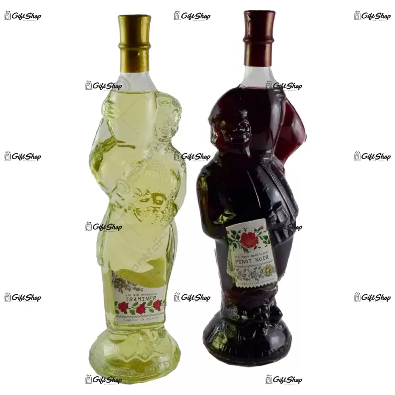Set 2 tipuri de vin (rosu. alb) in sticle realizate in forma de doi barbati – design traditional