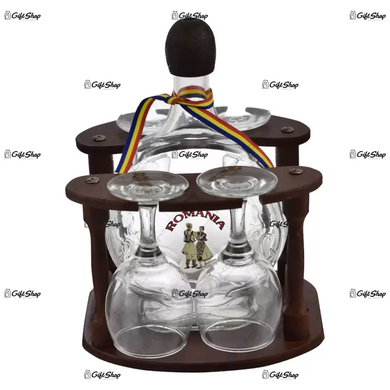 Suport lemn cu plosca din sticla si pahare cu talpa in forma rotunda