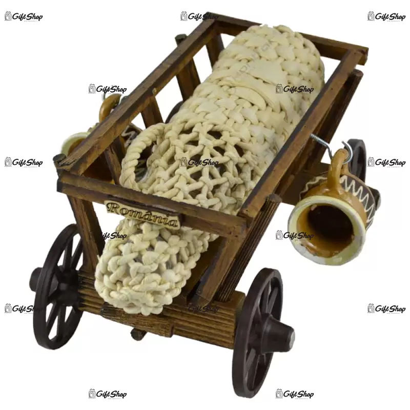 Suport lemn cu sticla impletita si cani din ceramica in forma de caruta, design rustic b
