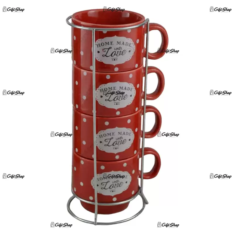 Set 4 cestii pentru cafea cu suport – design cu buline si inscriptia „home made with love”