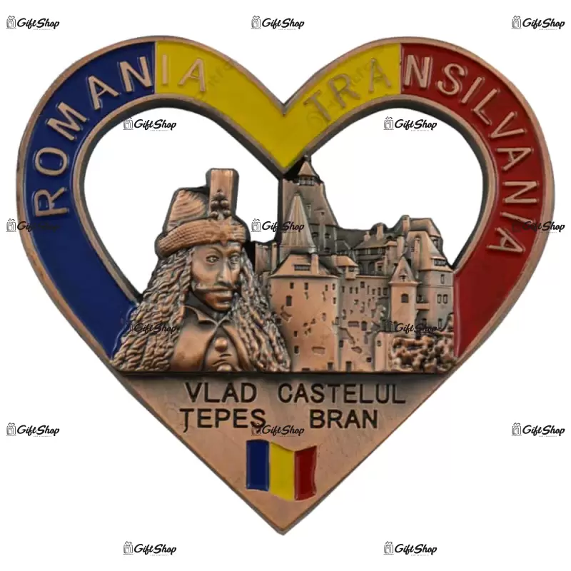 Magnet pentru frigider realizat din metal in forma inima- design vlad tepes-castelul bran