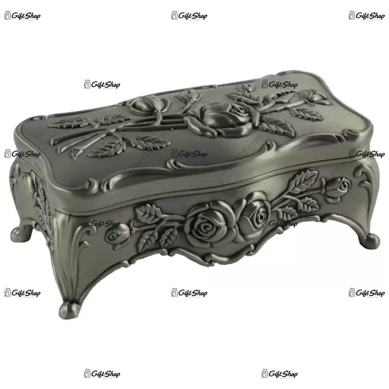 Cutie metalica pentru bijuterii – design antic cu flori b