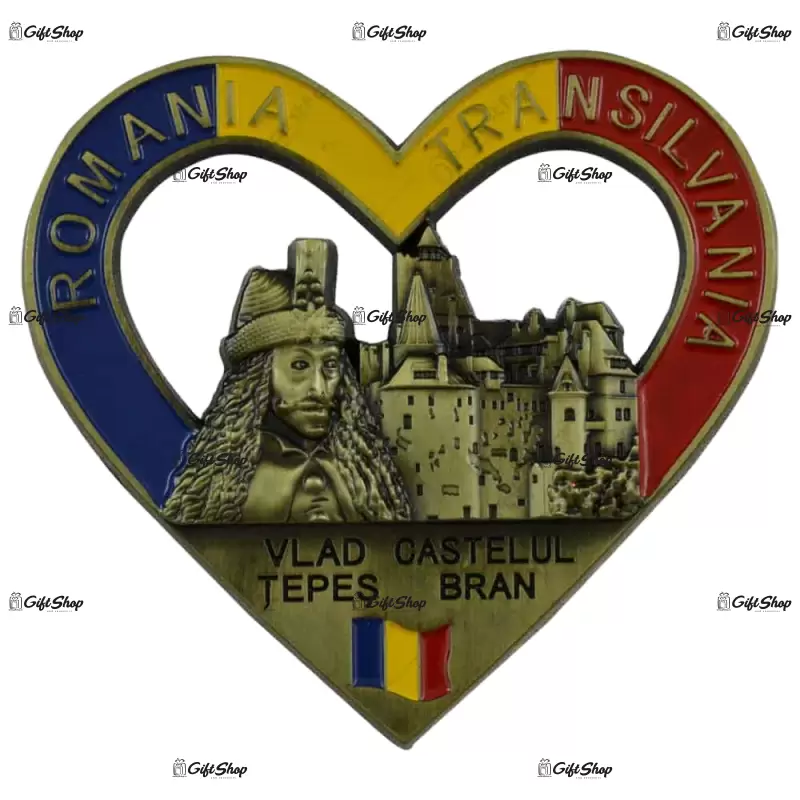 Magnet pentru frigider realizat din metal in forma inima- design vlad tepes-castelul bran