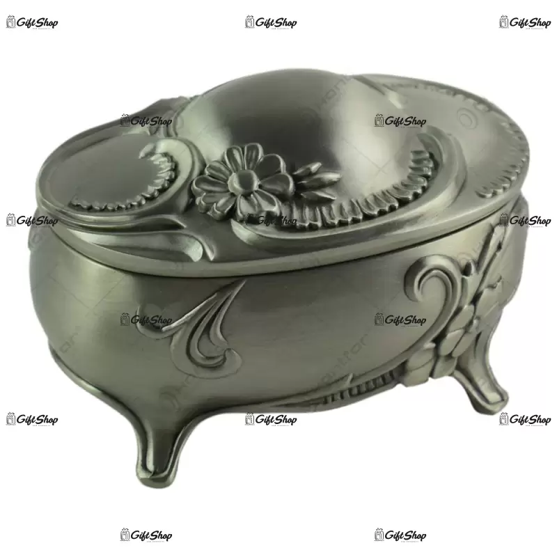 Cutie metalica pentru bijuterii in forma ovala – design antic cu flori