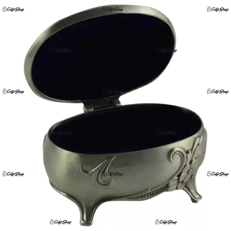 Cutie metalica pentru bijuterii in forma ovala – design antic cu flori