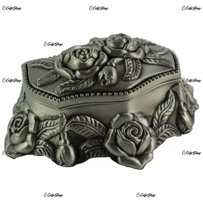 Cutie metalica pentru bijuterii – design antic cu flori