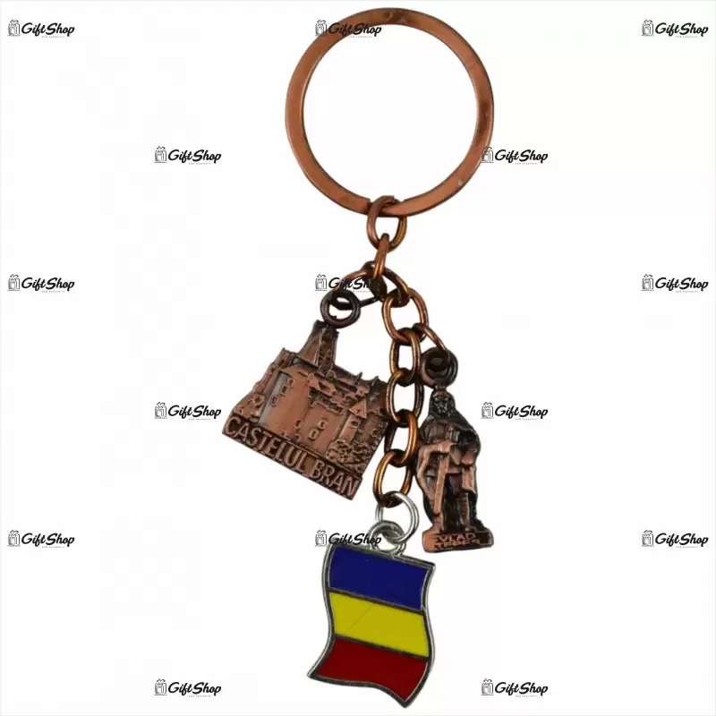 Breloc realizat din metal – design cu castelul bran si steagul romaniei a
