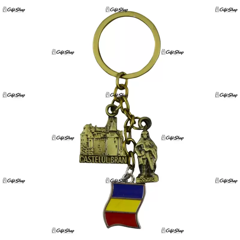 Breloc realizat din metal – design cu castelul bran si steagul romaniei a