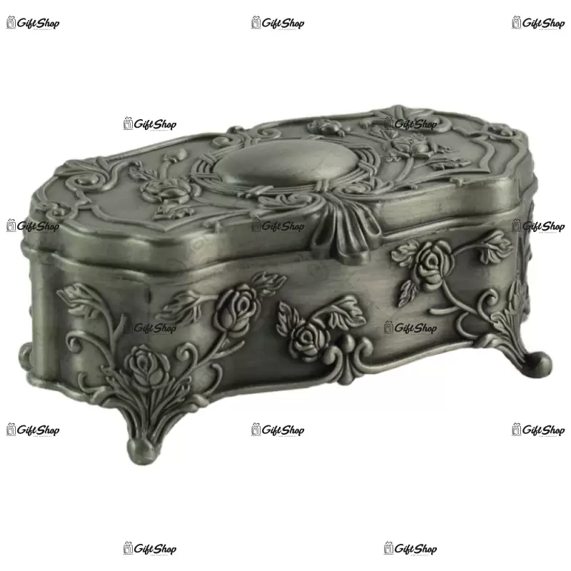 Cutie metalica pentru bijuterii, design antic cu flori c