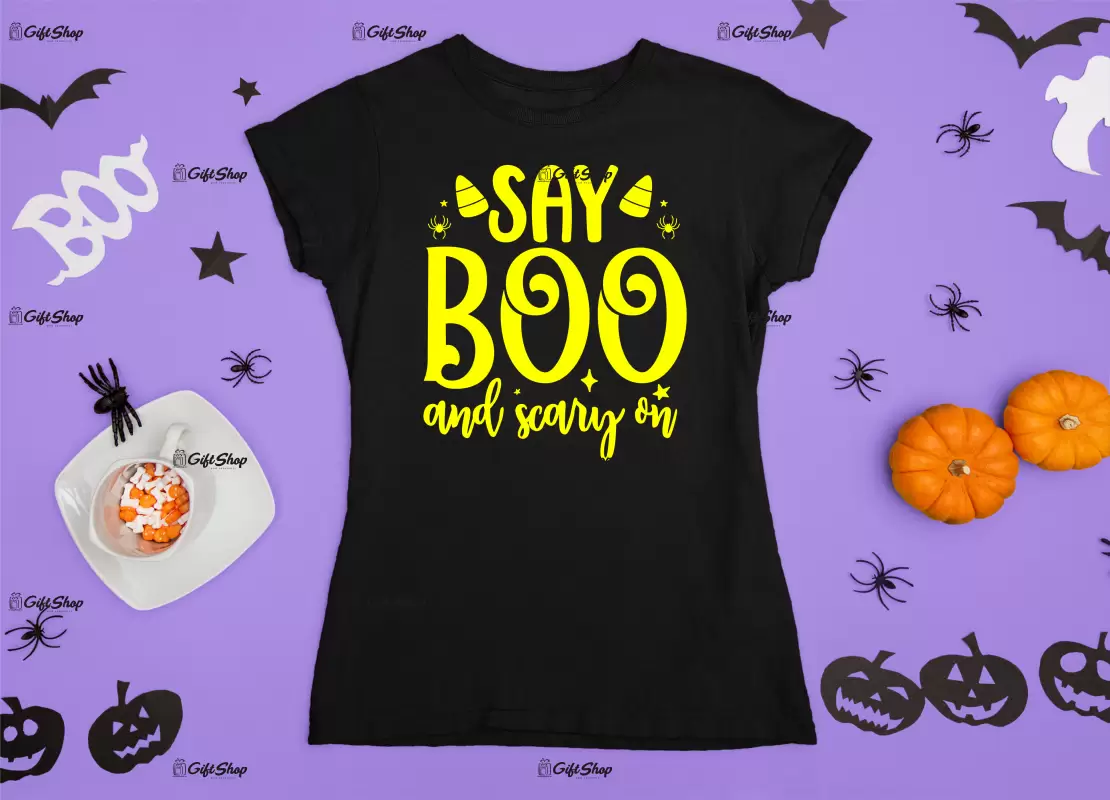 Say boo  and scary on, tricou cu mesaj