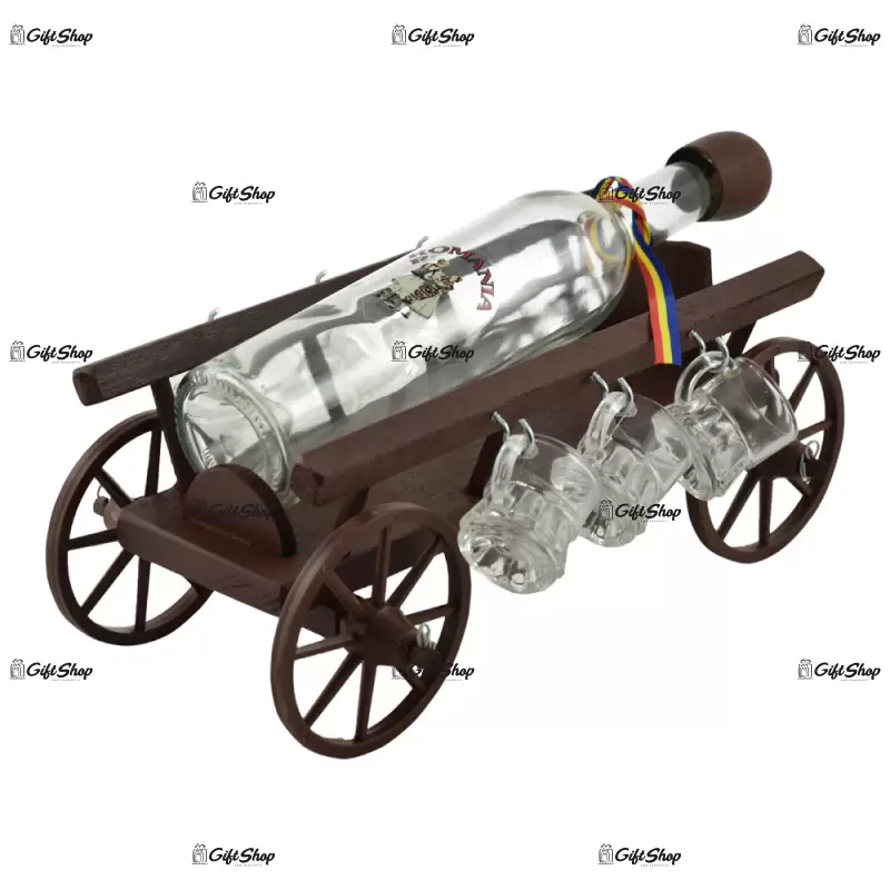 Suport lemn cu sticla si pahare de tuica in forma de caruta cu agatatoare b