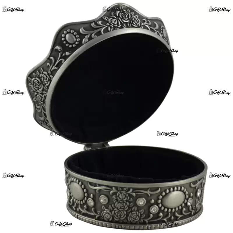 Caseta bijuterii din metal in forma de coroana cu capac si ornament de cruce pe varf