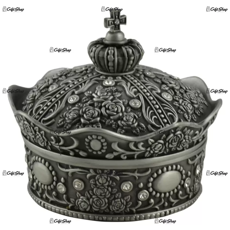 Caseta bijuterii din metal in forma de coroana cu capac si ornament de cruce pe varf