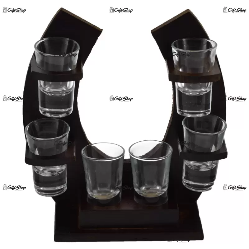 Suport pahare din lemn in forma de potcoava 6 pahare de tuica