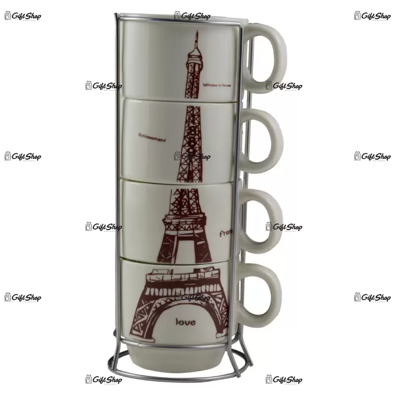 Set ceasca din 4 cesti ceramice in suport inox cu design turnul eiffel