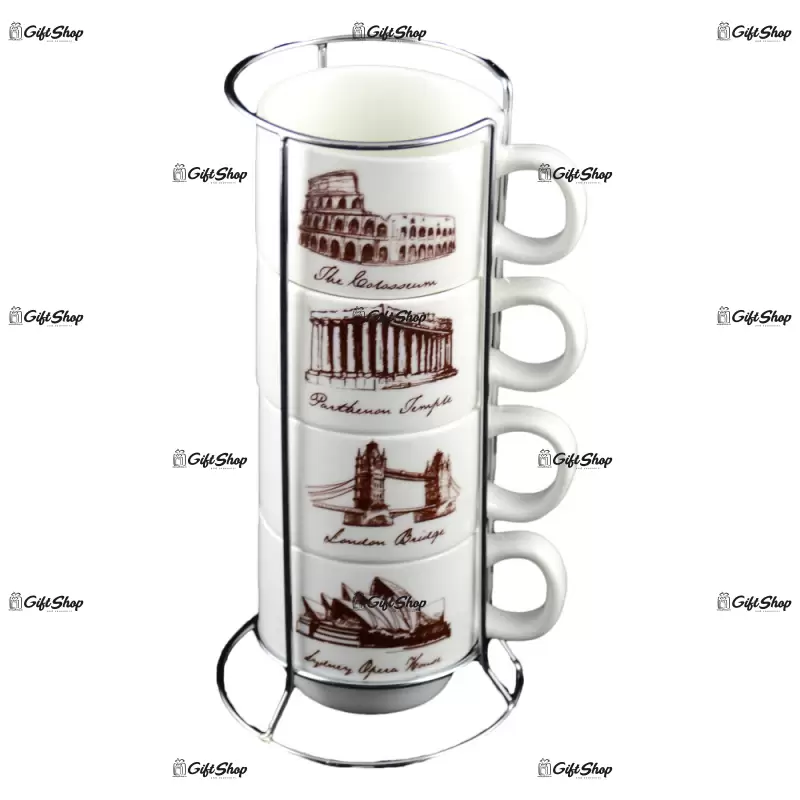 Cladiri renumite, set 4 cestii pentru cafea cu suport