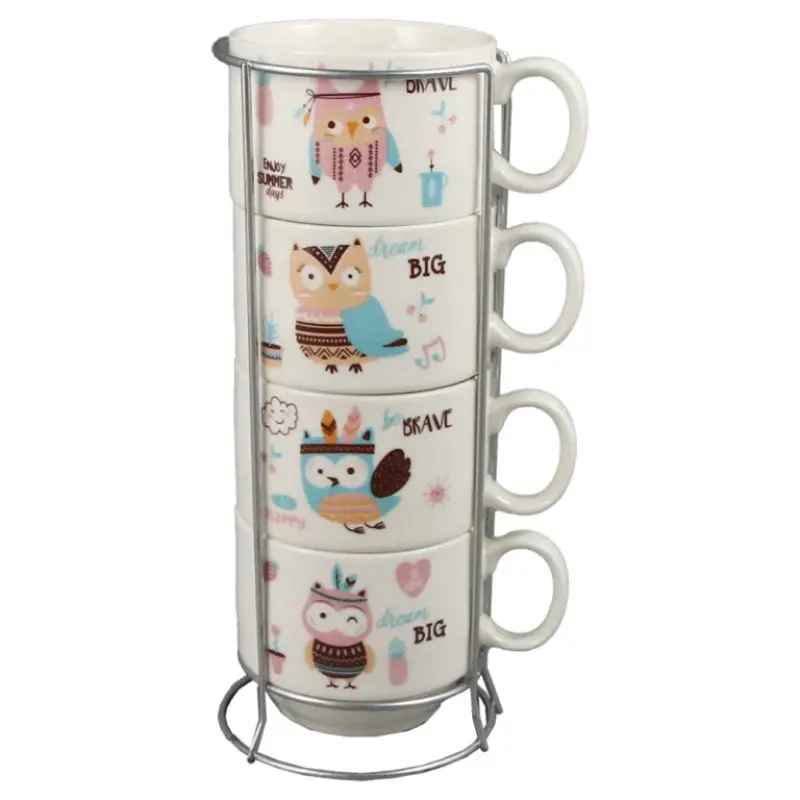 Set 4 cesti din ceramica cu suport metalic, 150 ml, bufnite