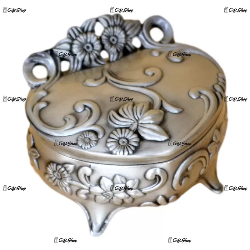 Caseta pentru bijuterii in forma de inima cu flori – elegant metal