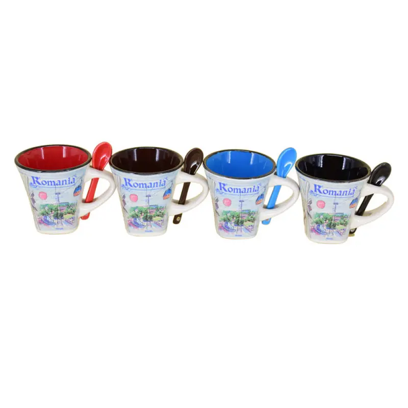 Cana din ceramica suvenir cu lingurita negru, litoral romania, 90 ml, cu cutie decorativa