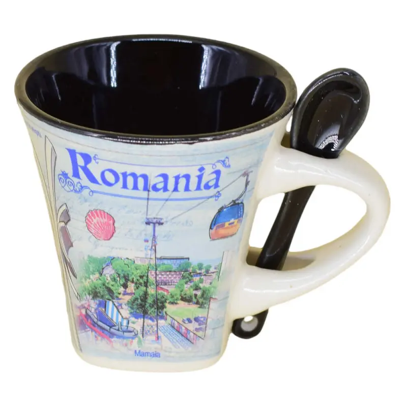 Cana din ceramica suvenir cu lingurita negru, litoral romania, 90 ml, cu cutie decorativa