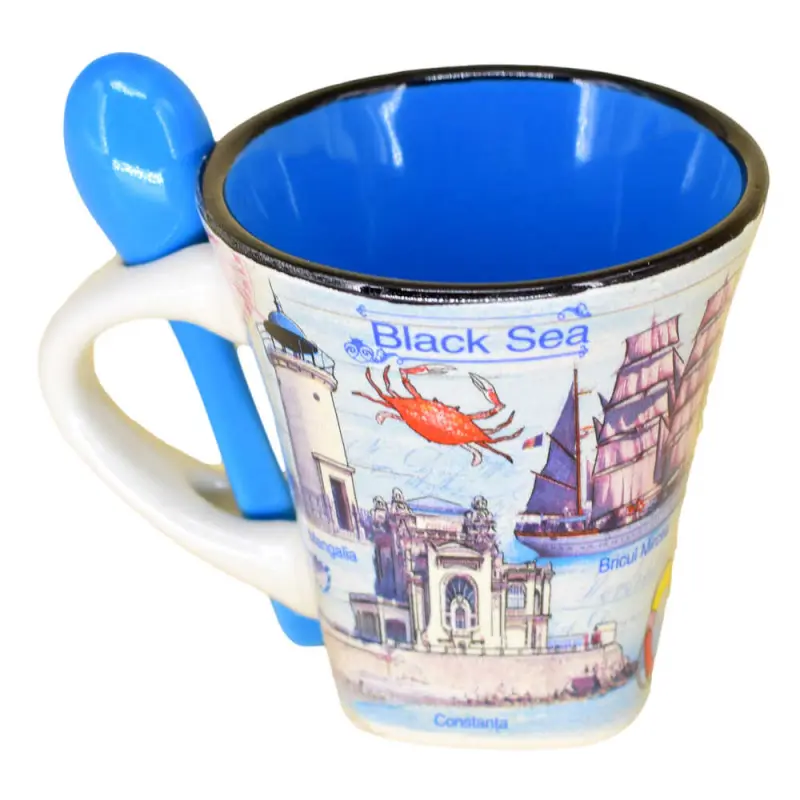 Cana din ceramica suvenir cu lingurita albaastra, litoral romania, 90 ml, cu cutie decorativa
