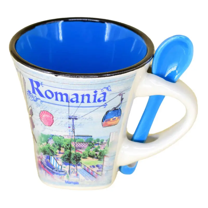 Cana din ceramica suvenir cu lingurita albaastra, litoral romania, 90 ml, cu cutie decorativa