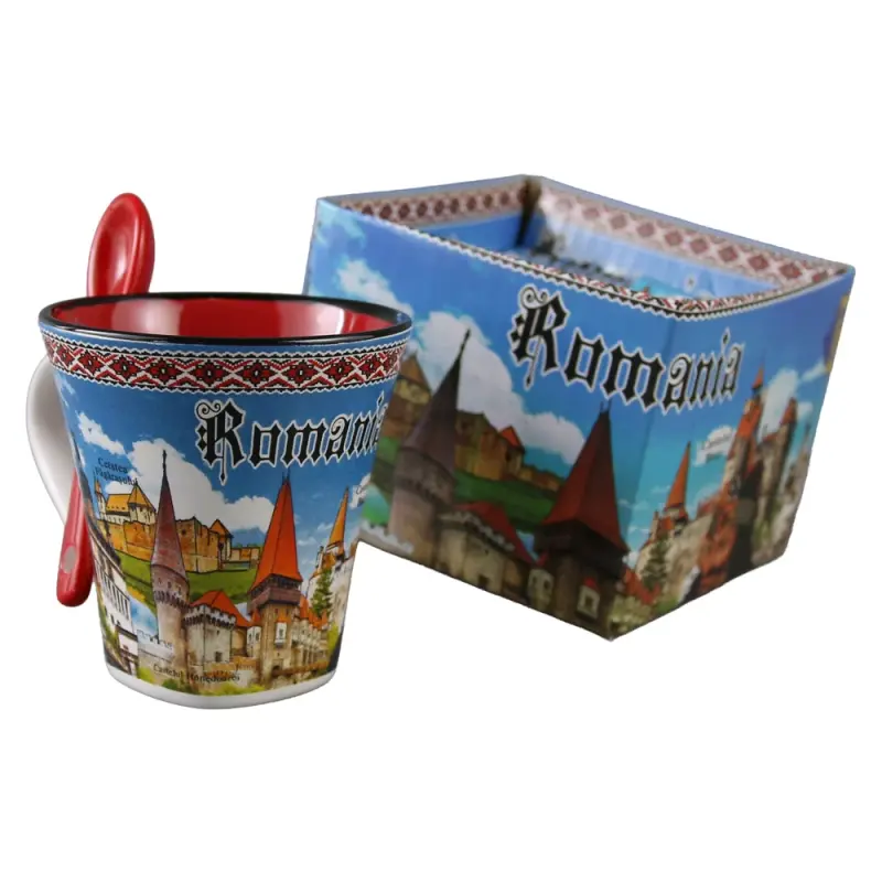 Cana din ceramica suvenir cu lingurita rosie, castele romania, vlad tepes, 90 ml, cu cutie decorativa