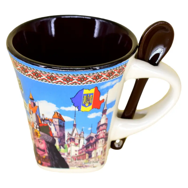Cana din ceramica suvenir cu lingurita maro, castele romania, vlad tepes, 90 ml, cu cutie decorativa
