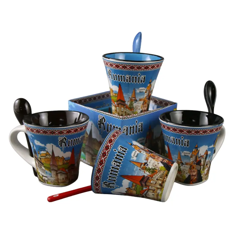 Cana din ceramica suvenir cu lingurita negru, castele romania, vlad tepes, 90 ml, cu cutie decorativa