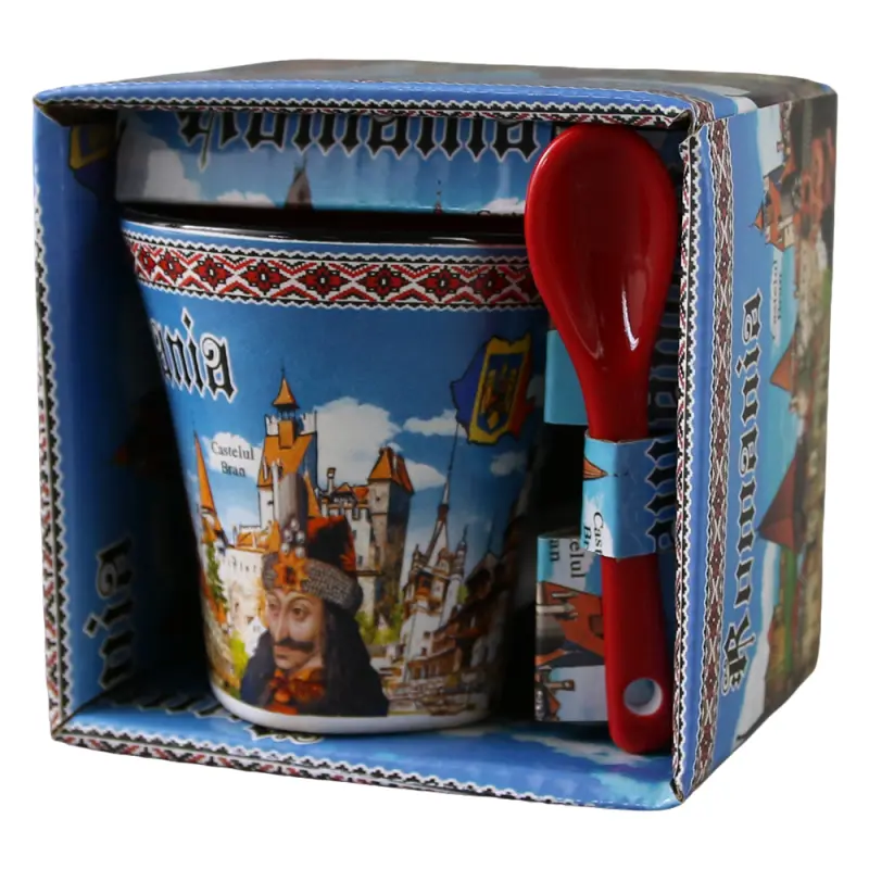 Cana din ceramica suvenir cu lingurita albastra, castele romania, vlad tepes, 90 ml, cu cutie decorativa