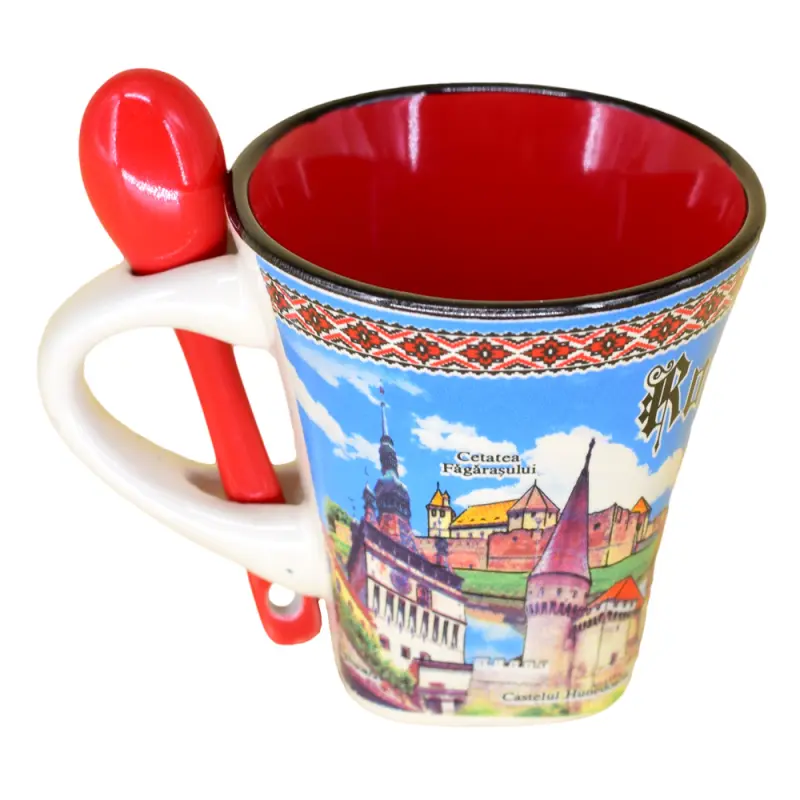 Cana din ceramica suvenir cu lingurita rosie, castele romania, vlad tepes, 90 ml, cu cutie decorativa