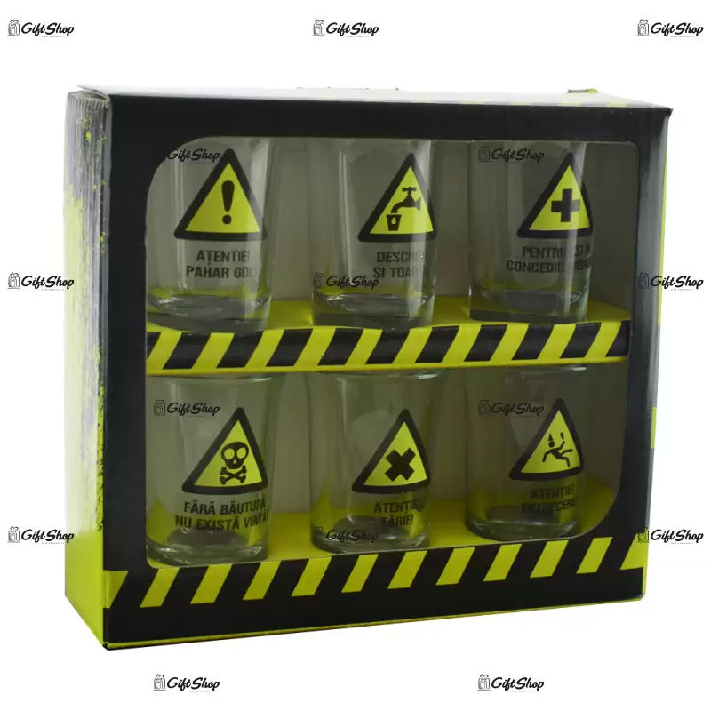 Warning signs, set 6 pahare realizate din sticla