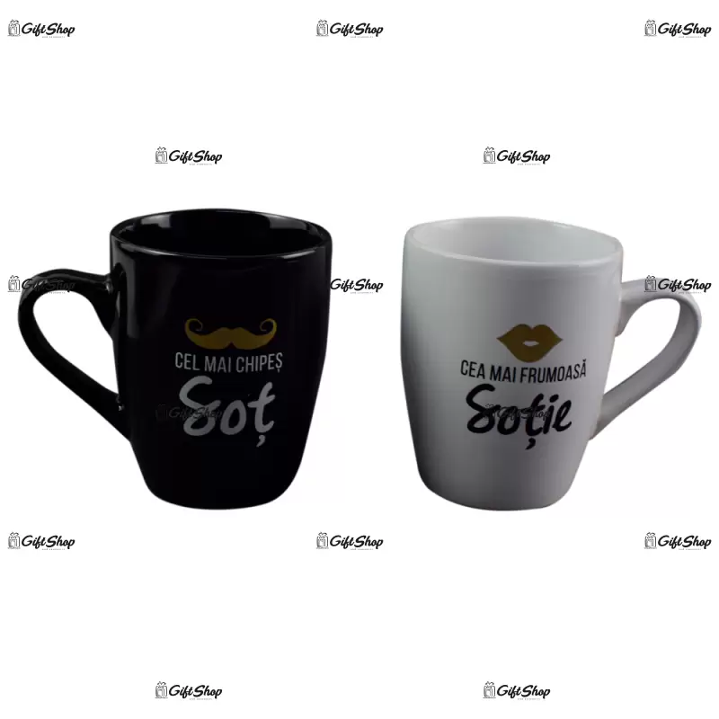 Cea mai frumoasa sotie & cel mai chipes sot, set 2 cani cu mesaje