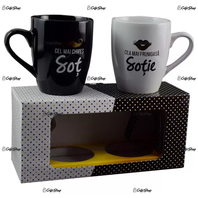 Cea mai frumoasa sotie & cel mai chipes sot, set 2 cani cu mesaje
