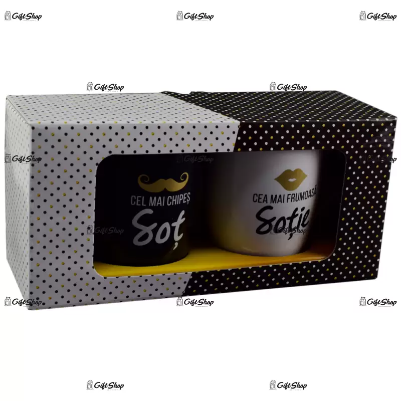 Cea mai frumoasa sotie & cel mai chipes sot, set 2 cani cu mesaje