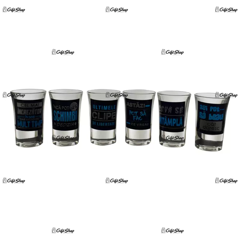 Petrecerea burlacilor, set 6 pahare tip shot realizate din sticla cu mesaje