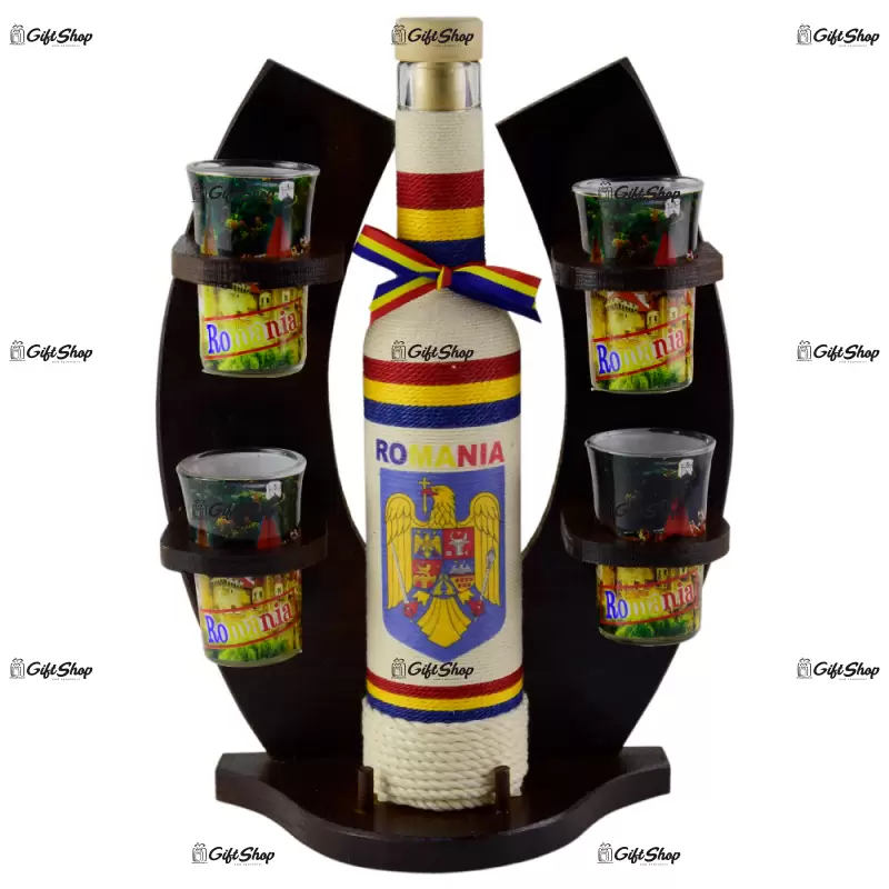 Suport cu sticla impletita si 4 pahare tip shot, design romania a