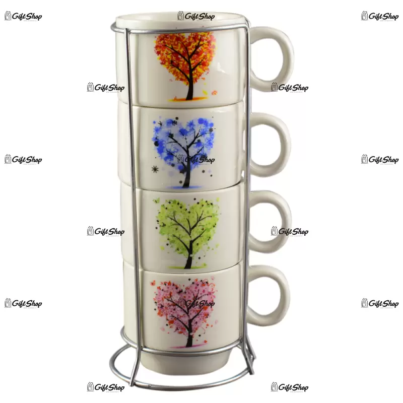 Set 4 cesti, design copac cu inimi, pentru cafea cu suport metalic