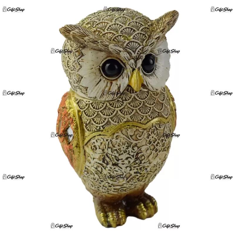 Figurina bufnita/cutiuta din rasina aurie 14 cm