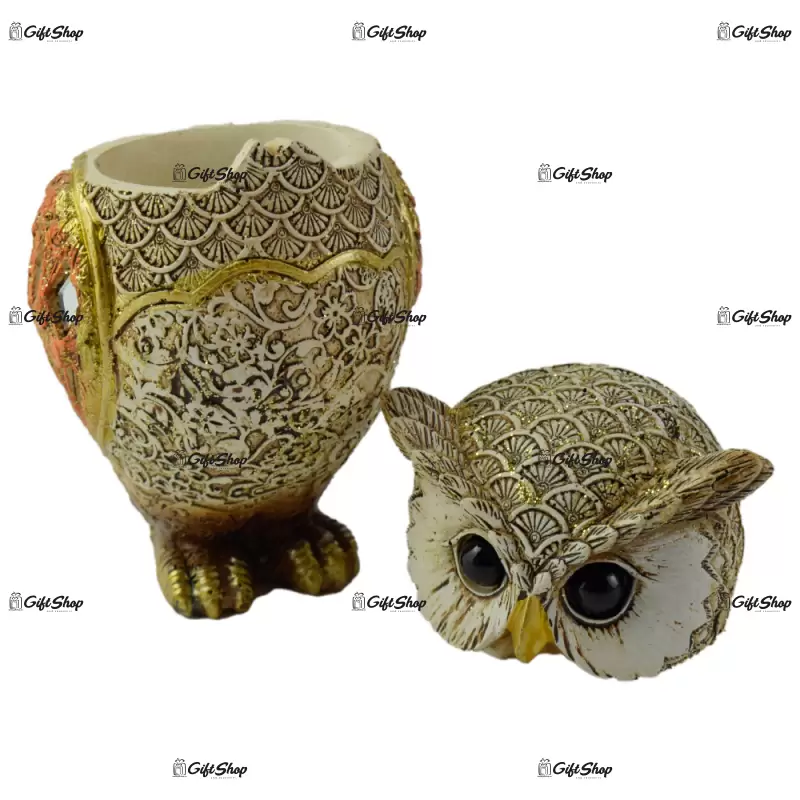 Figurina bufnita/cutiuta din rasina aurie 14 cm