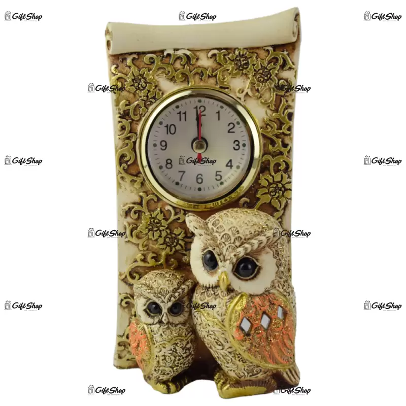 Ceas de masa din rasina decorat cu doua bufnite 17 cm