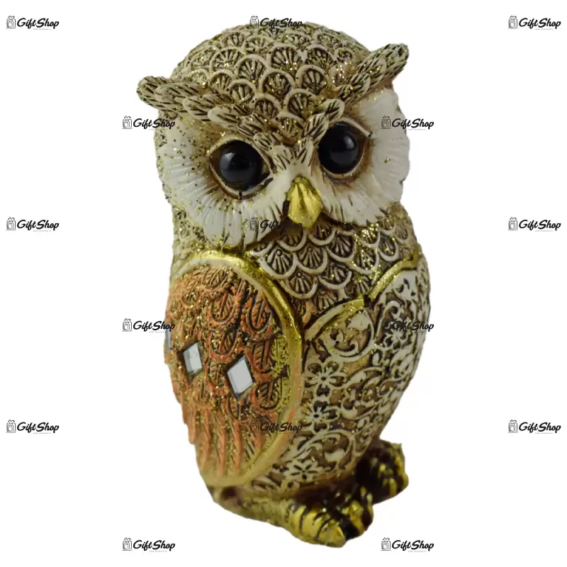 Figurina bufnita din rasina aurie 10 cm dreapta