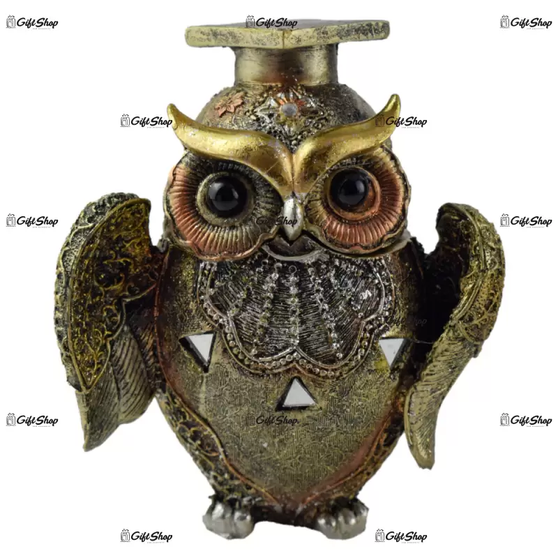 Figurina bufnita/cutiuta din rasina aurie 13 cm