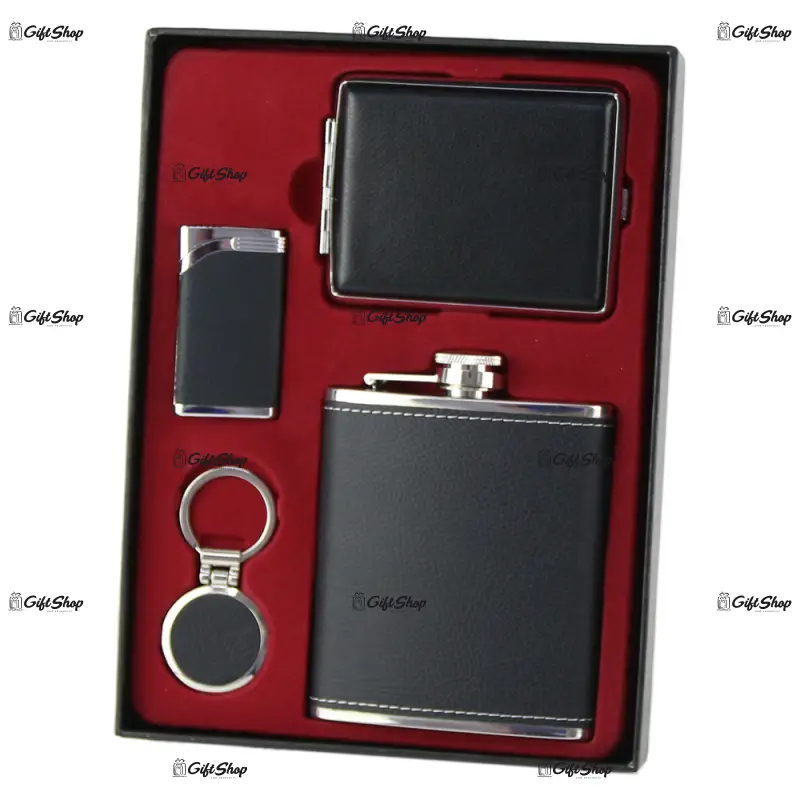 Set cadou pentru barbati, 4 piese – plosca, tabachera, bricheta, breloc