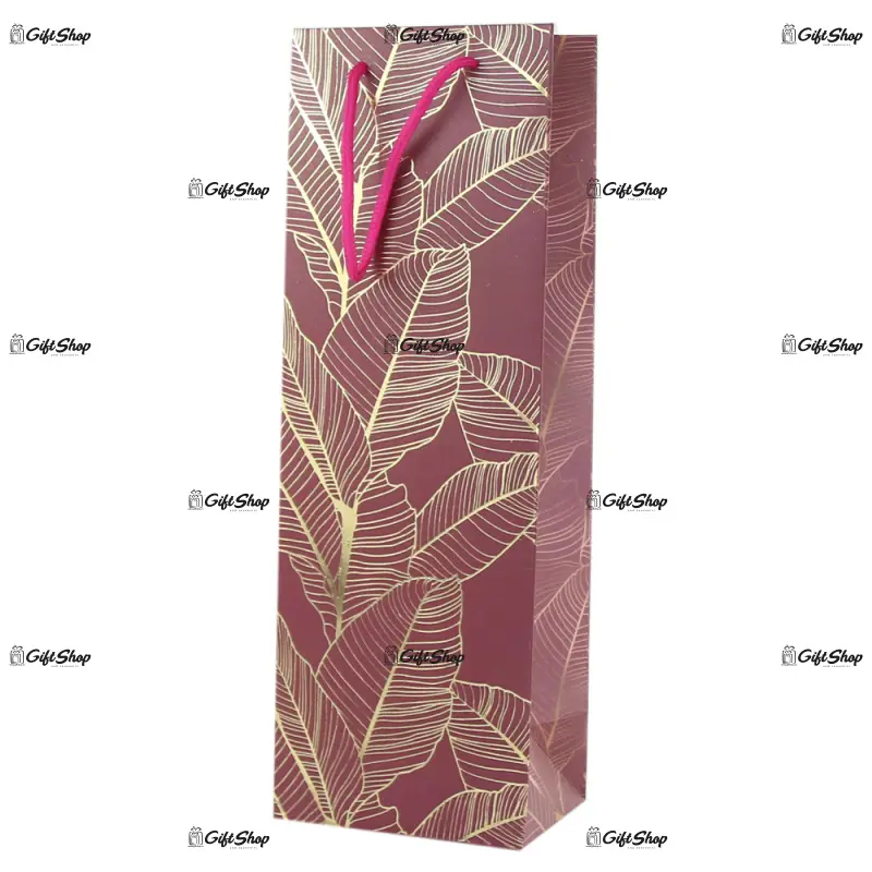 Punga cadou bauturi din hartie 12x35 cm, frunze aurii
