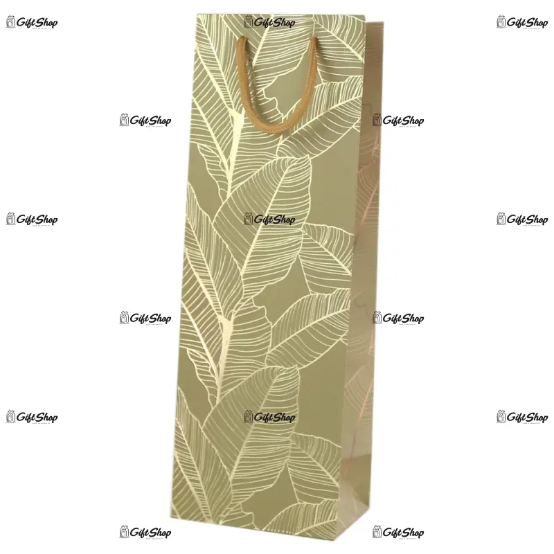 Punga cadou bauturi din hartie 12x35 cm, frunze aurii