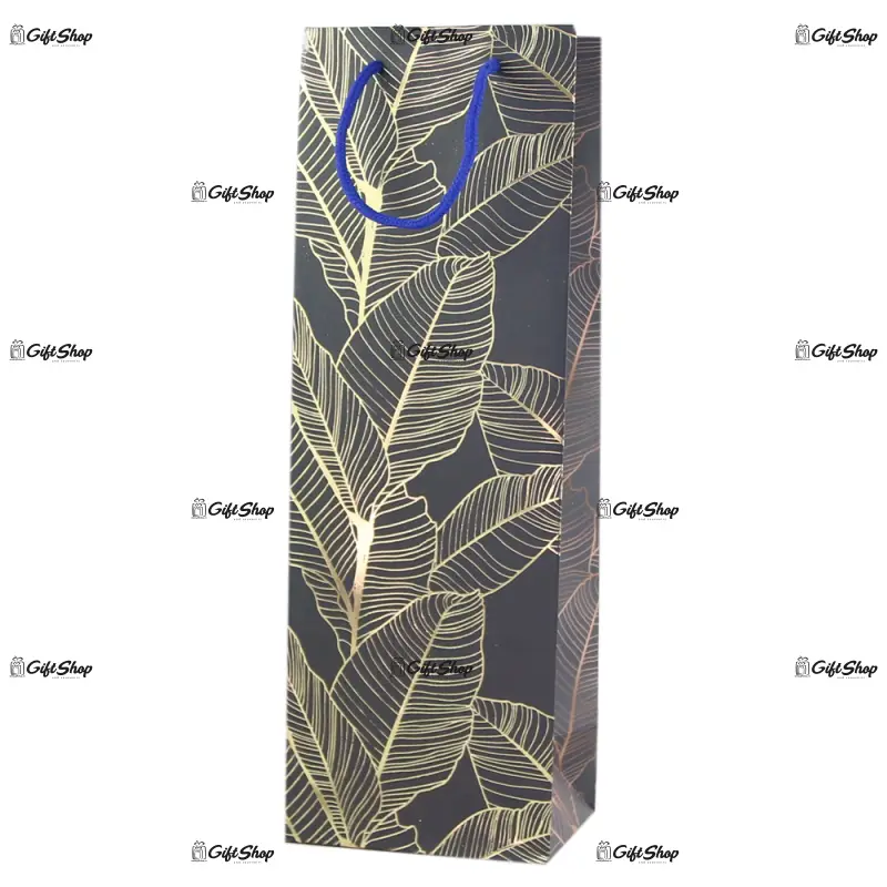 Punga cadou bauturi din hartie 12x35 cm, frunze aurii
