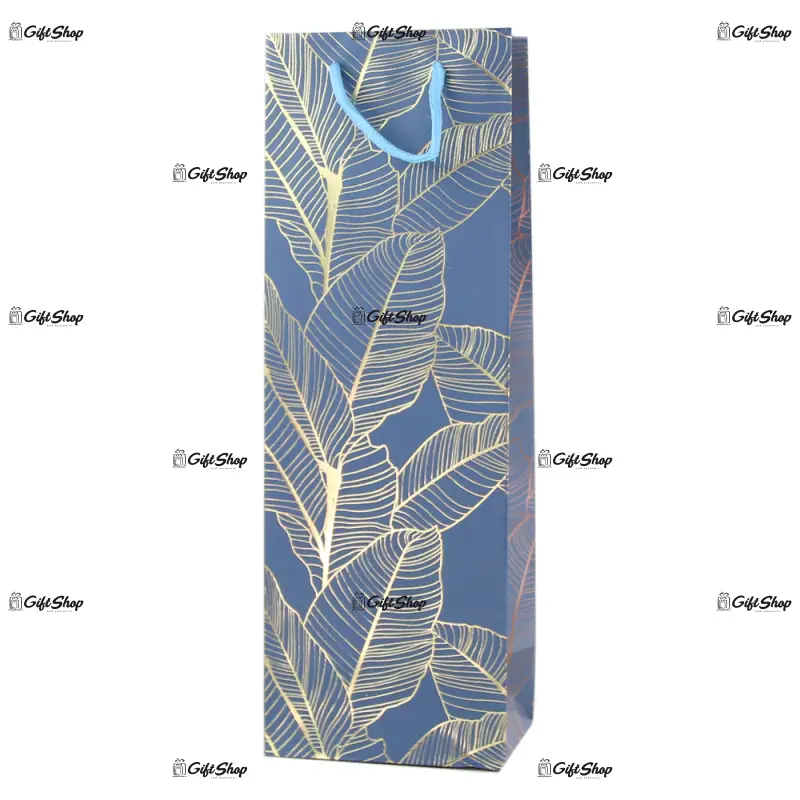 Punga cadou bauturi din hartie 12x35 cm, frunze aurii
