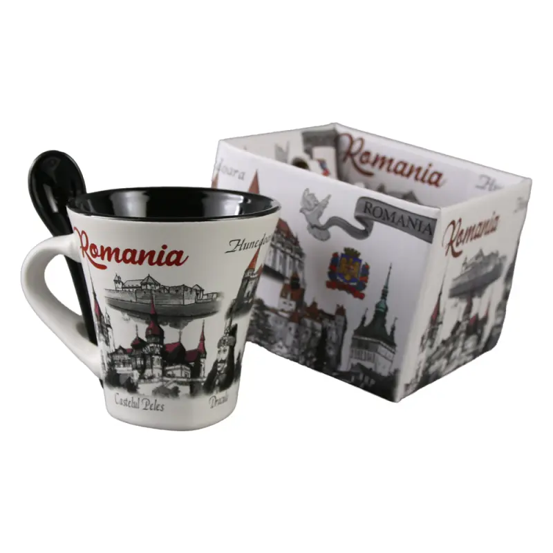 Cana din ceramica suvenir cu lingurita negru, castele romania, 90 ml, cu cutie decorativa, model 382351